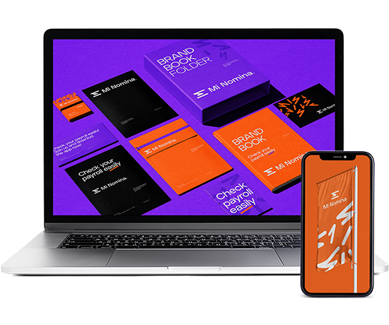 Laptop and smartphone showing a professional branding kit with colorful brand books and materials for a New York-based agency