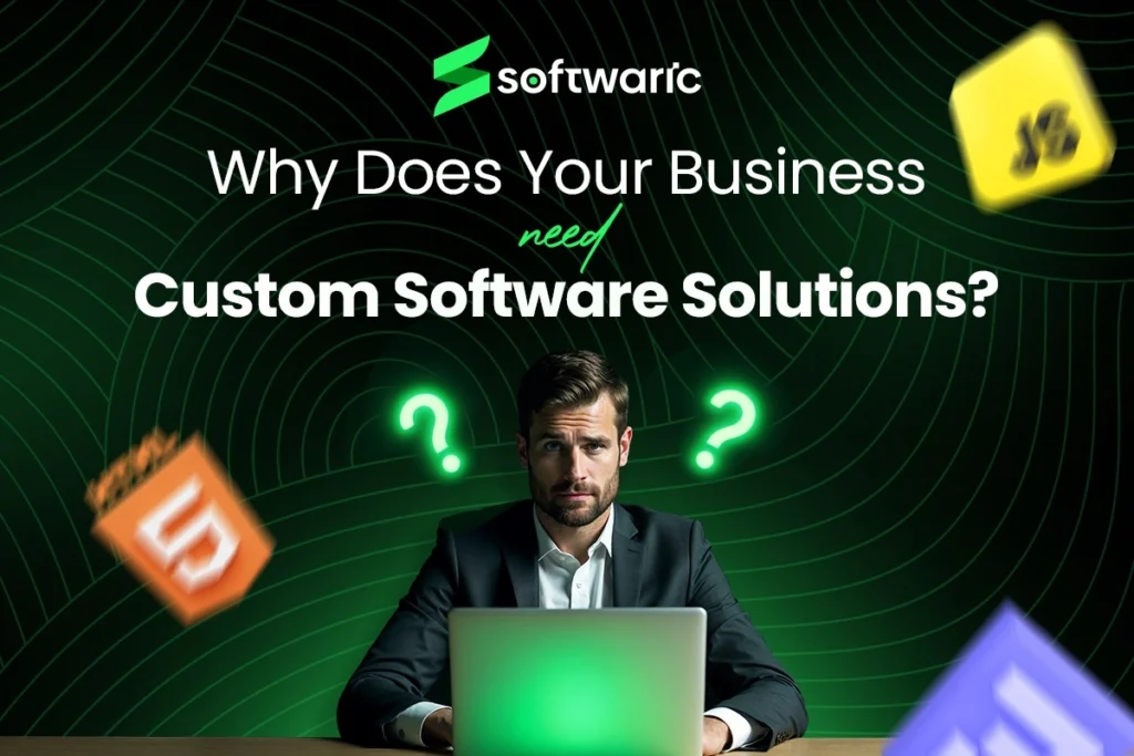 Man in a suit with a laptop, surrounded by question marks, and the text 'Why Does Your Business Need Custom Software Solutions?' with the Softwaric logo